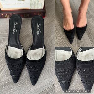 Vintage 90s Ramon Tenza Black Embroidered beaded Kitten Heels Mules Sz 8.5